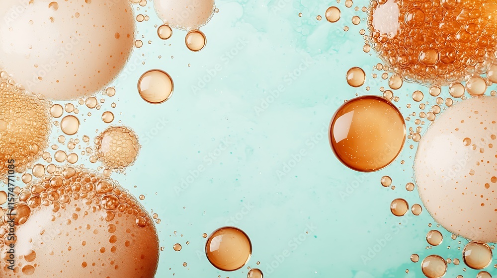 Poster close-up of variously sized oil droplets suspended in a blue liquid, creating a colorful and abstrac
