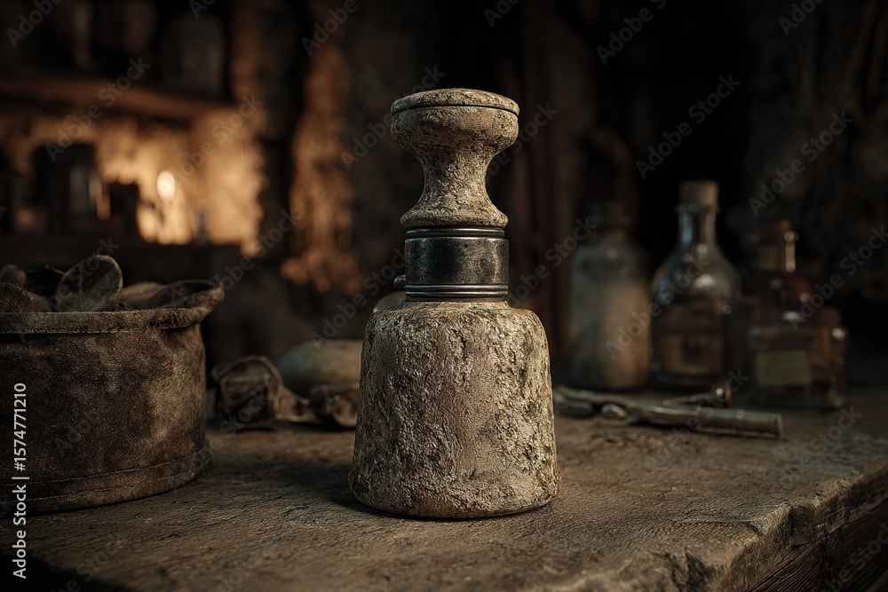 Poster unique handcrafted stone object on a rustic wooden table in a dimly lit workshop with blurred glass 