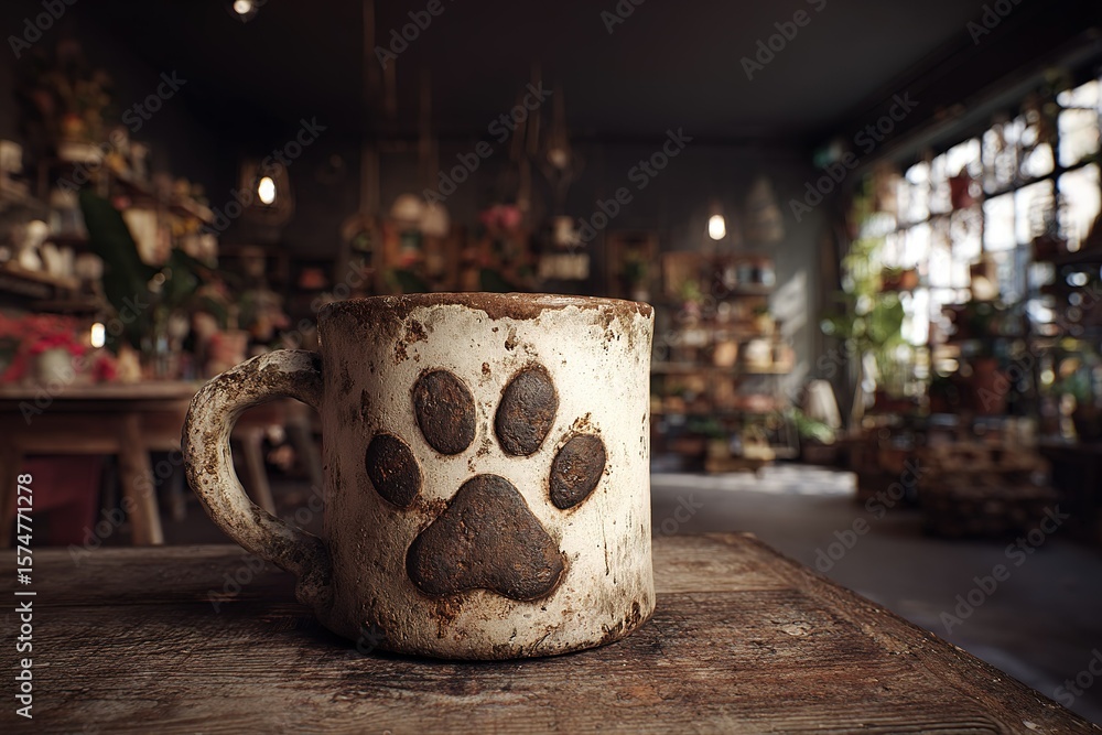Poster unique ceramic mug with paw print design resting on rustic wooden table in an artistic cafe setting