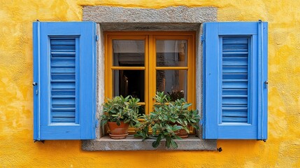 Yellow wall with blue shutters, plants