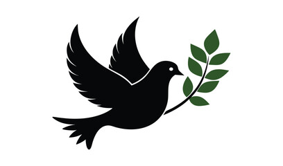 Black silhouette dove flying with olive branch