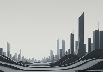 Fototapeta premium Monochromatic Cityscape Minimalist Urban Landscape with Flowing Ground and Abstract Towers. Cityline Concept.