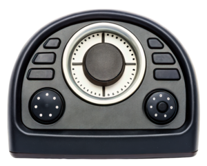 Professional video editing controller with a jog shuttle dial on a transparent background