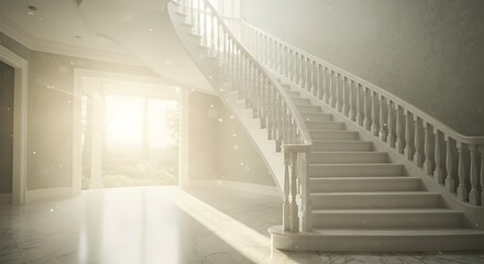 Fototapeta premium Bright white stairs interior design staircase architecture home decor elegant balustrade light room
