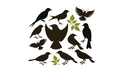 Collection of various bird silhouettes with leaves