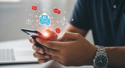 Man uses smartphone with AI and cybersecurity notifications