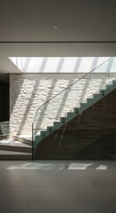 Obraz premium Modern staircase design interior architecture home stairs glass railing light and shadow contemporary style