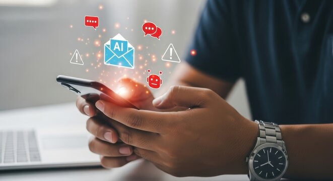 Man uses smartphone with AI and cybersecurity notifications