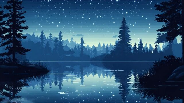 Pixel Art Night Lake Landscape Animation With Reflections Under Starry Sky