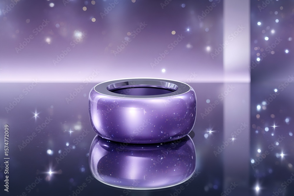 Poster shiny purple object with a reflective surface and sparkly background in a modern space