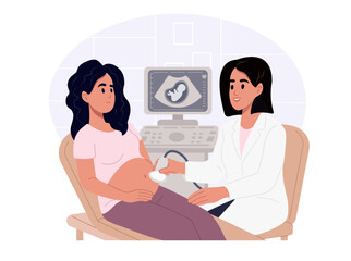 Pregnant woman undergoes pregnancy screening at a medical clinic. Early prenatal diagnosis, fetal health monitoring, and maternal care during pregnancy. Maternity, pregnancy, fertility concept