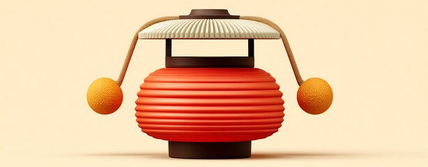 Red Cylindrical Lantern with Yellow Tassels on Beige Background,Hari Raya Haji  Eid al-Adha