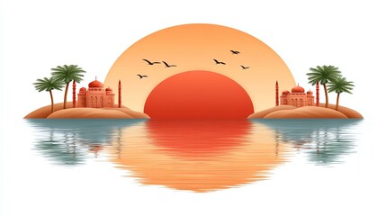 Serene Sunset over Calm Water with Palm Trees and Red Buildings,Hari Raya Haji  Eid al-Adha