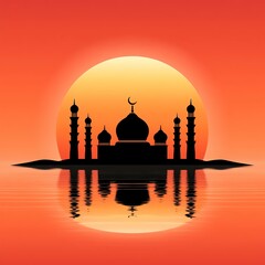 Silhouette Mosque Reflected in Calm Water at Sunset,Hari Raya Haji  Eid al-Adha