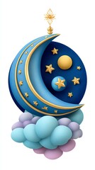 Stylized Crescent Moon and Planets Above Pastel Clouds,Hari Raya Haji  Eid al-Adha