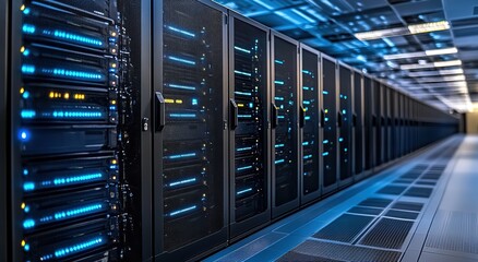Blue-lit server racks in high-density data center, cloud computing infrastructure technology