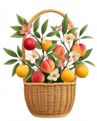 Summer Harvest Peaches, Plums and Blossoms in a Wicker Basket,Hari Raya Haji  Eid al-Adha