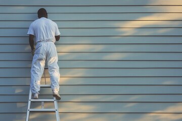 Person Painting Exterior Wall with Ladder on Sunny Day