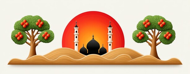 Sunset Over Sand Dunes Pixel Art Mosque Landscape,Hari Raya Haji  Eid al-Adha