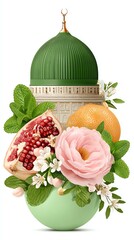 Vibrant Still Life with Green Dome, Pomegranate, Oranges and Flowers,Hari Raya Haji  Eid al-Adha