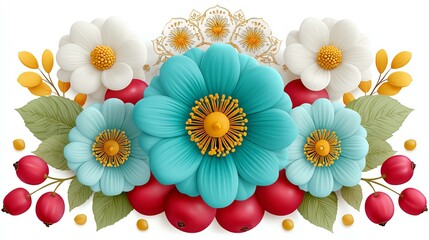 Vibrant Teal and White Flower Arrangement with Red Berries,Hari Raya Haji  Eid al-Adha