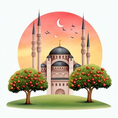 Watercolor Mosque Illustration at Sunset with Pomegranate Trees,Hari Raya Haji  Eid al-Adha