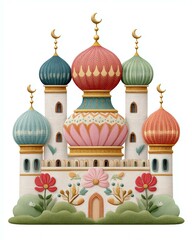 Whimsical Colorful Castle Illustration with Floral Details,Hari Raya Haji  Eid al-Adha