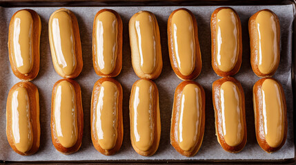 Top View of Caramel Glazed &Eacute;clairs on Tray 