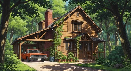 Retro Anime Cozy Wooden House in Lush Forest Setting