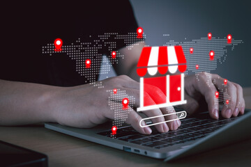customer buy product on laptop computer, food delivery, payment online, digital marketing, business finance, delivery tracking system, shopping online platform, internet network technology concept