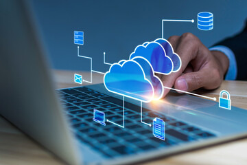 Cloud Storage Technology. software development manager working on laptop computer with infrastructure workflow graphic diagram, cloud computing, backup storage management, database developer concept