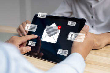 business man send mail message on mobile smart tablet, human resource, chat message, cyber security, digital marketing, new email notification, business finance, internet network technology concept