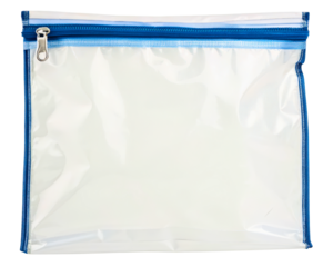 Reusable clear storage bag for travel or document organization on a transparent background