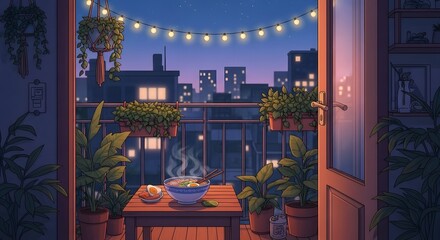 Retro Anime Balcony Dining with Ramen and City Night View