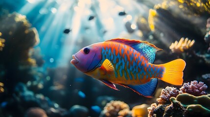 Vibrant Parrotfish Feeding on Coral Reef