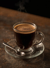 Close-up view of a rich, dark coffee, visibly hot with steam rising, served elegantly in a transparent cup and saucer on a textured, moody background.