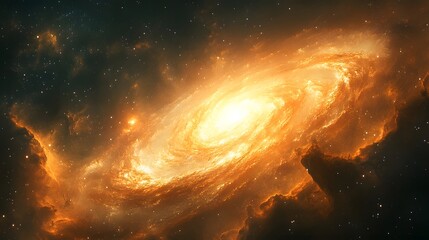 Cosmic view of a distant swirling galaxy with glowing nebulae and gas clouds
