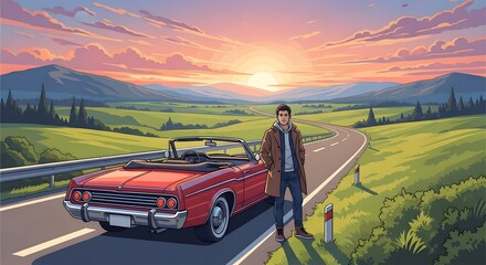 Retro Anime Man with Classic Convertible on Scenic Road Trip