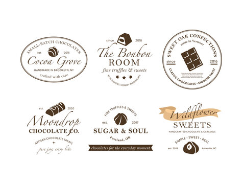 Vector logo collection showcasing unique chocolate brands with diverse designs and styles