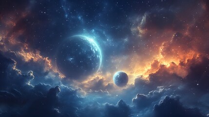 Distant cosmic scene with two moons orbiting a gas giant