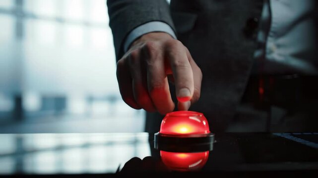Finger pressing a red button. Urgency, control, decision concept. - Powered by Adobe