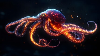 Glowing deep sea squid in the pitch black ocean depths