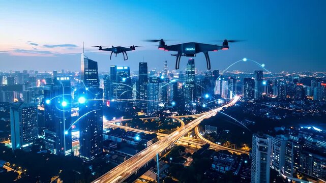 Two drones fly over a modern city skyline illuminated with glowing blue network connections - Powered by Adobe