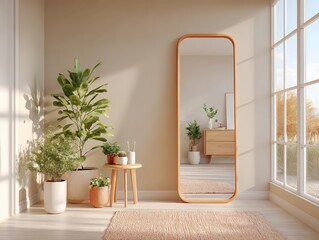 Sunlit Minimalist Room with Plants and Wooden Mirror: Home Interior Design Inspiration