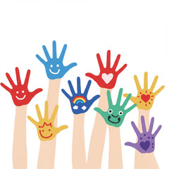 Fototapeta premium Colorful Painted Hands with Faces and Symbols Illustration