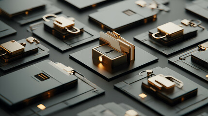 Abstract image of multiple metallic lockboxes with open and closed locks.