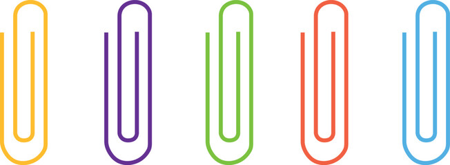 Set of Colorful Paperclip Icons in Yellow, Purple, Green, Red, and Blue – Office Supplies and Stationery Tools Vector Illustration