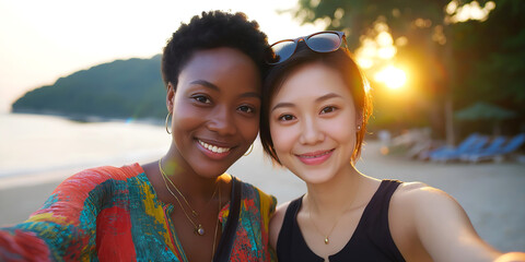 Two smiling women, one with curly hair and colorful attire, the other with straight hair in a tank top, enjoying a sunset at the beach, capturing a joyful moment together