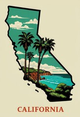 Illustrated Map Outline of California with Coastal Landscape Scene