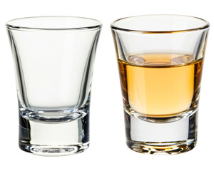 Empty and full classic shot glasses on a transparent background